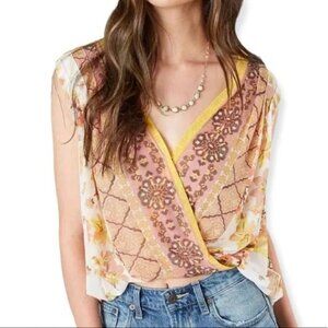Free People Surplice Floral Blouse Yellow Cream Multi Size L